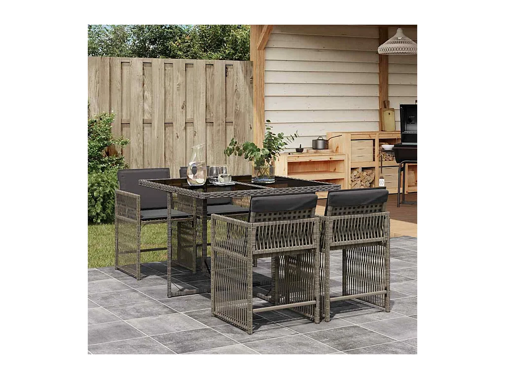 Ensemble à manger de jardin 5 pcs coussins gris résine tressée