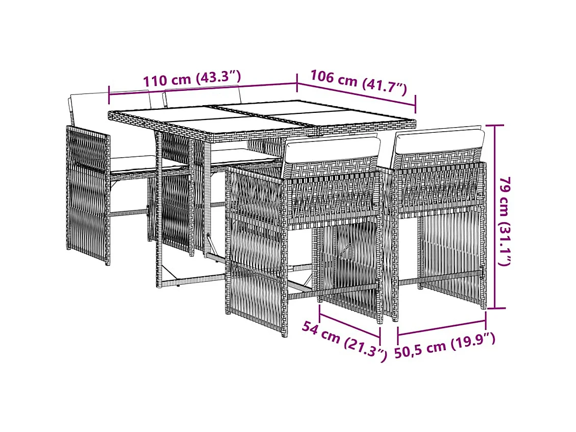 Ensemble à manger de jardin 5 pcs coussins gris résine tressée