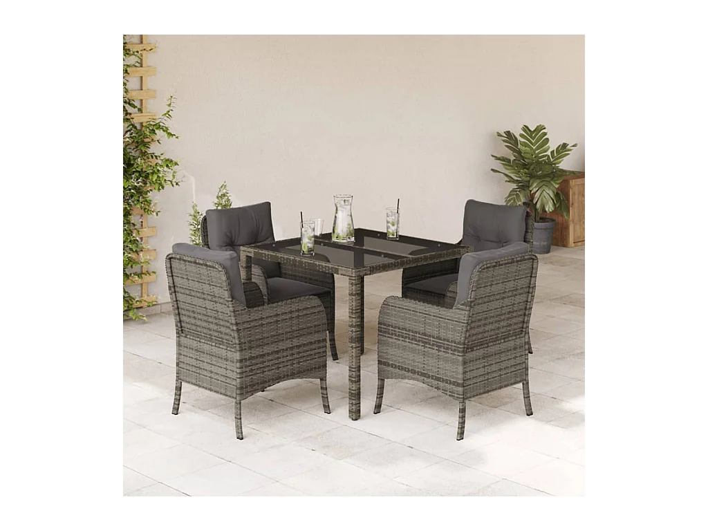 Set comedor de jardín 5 piezas con cojines ratán sintético gris