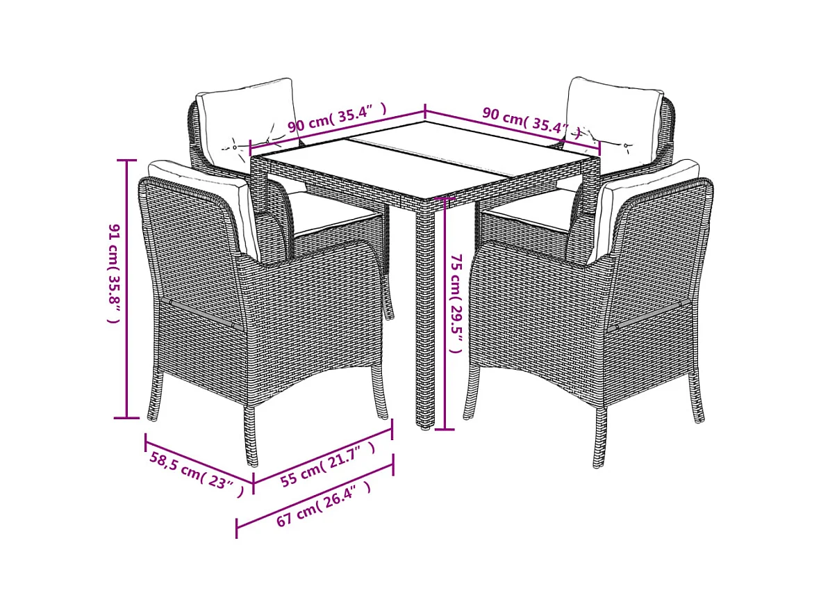 Set comedor de jardín 5 piezas con cojines ratán sintético gris