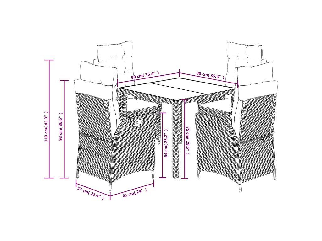 Ensemble à manger de jardin coussins 5pcs Noir Résine tressée