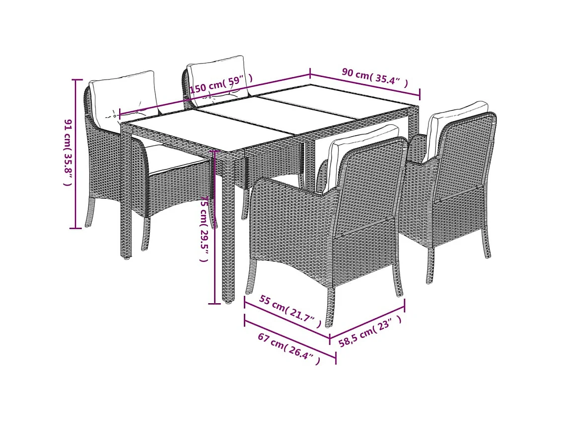 5-tlg. Garten-Essgruppe mit Kissen Schwarz Poly Rattan