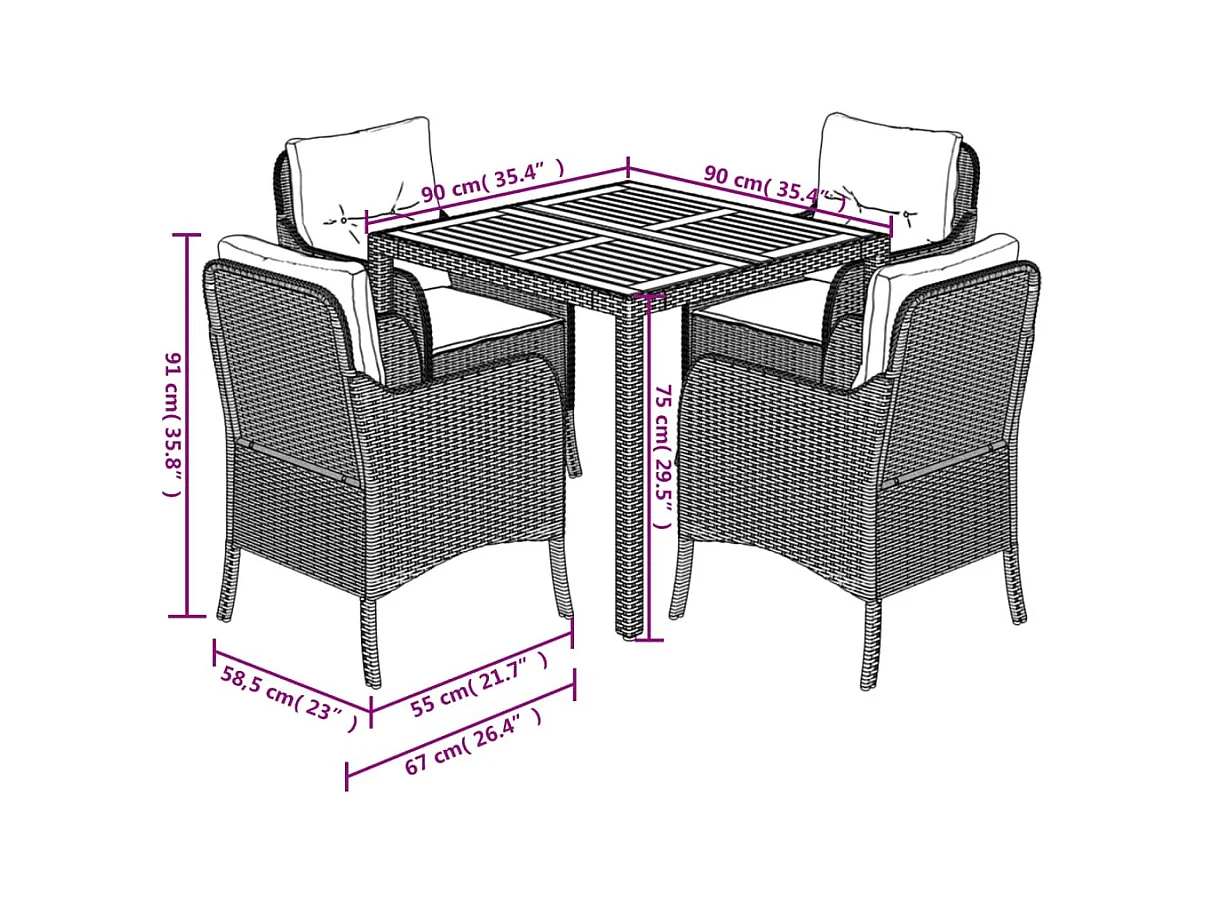 Set de muebles jardín 5 pzas con cojines ratán sintético negro