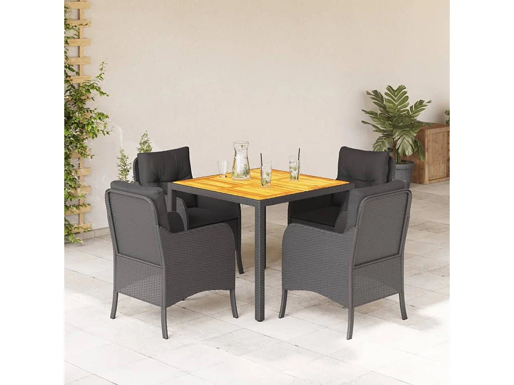 5-tlg. Garten-Essgruppe mit Kissen Schwarz Poly Rattan