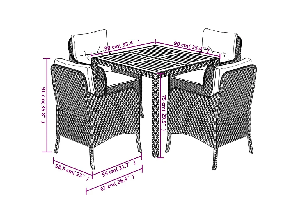 5-tlg. Garten-Essgruppe mit Kissen Schwarz Poly Rattan