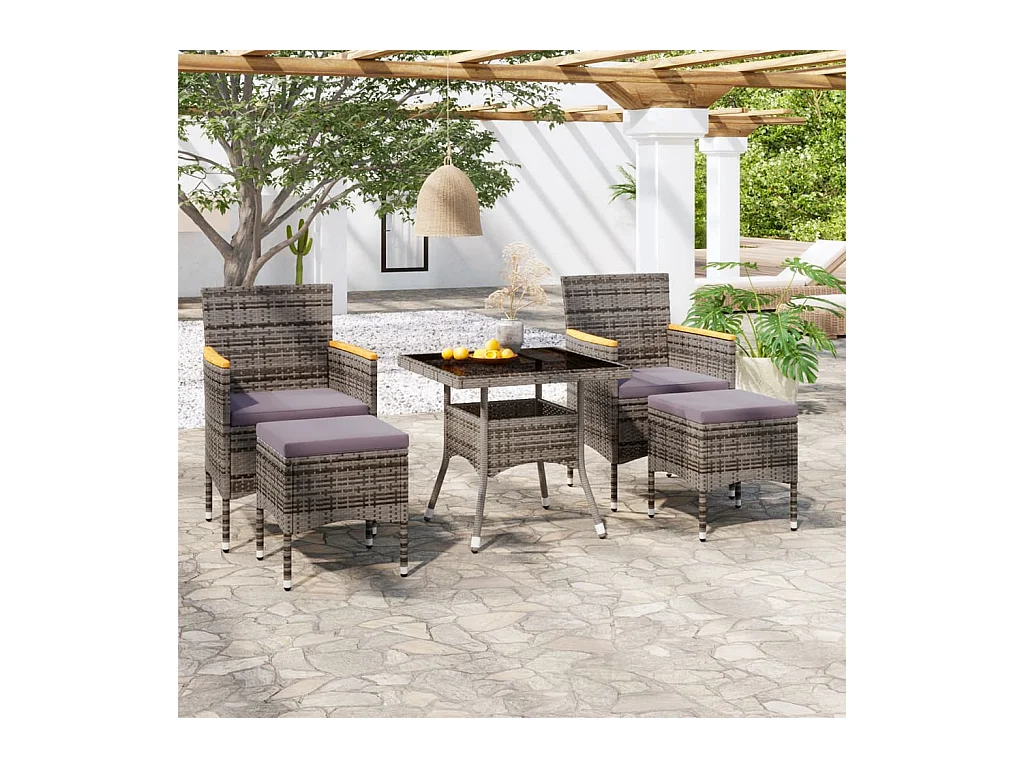 Ensemble à Manger jardin 5 pcs résine tressée verre trempé Gris