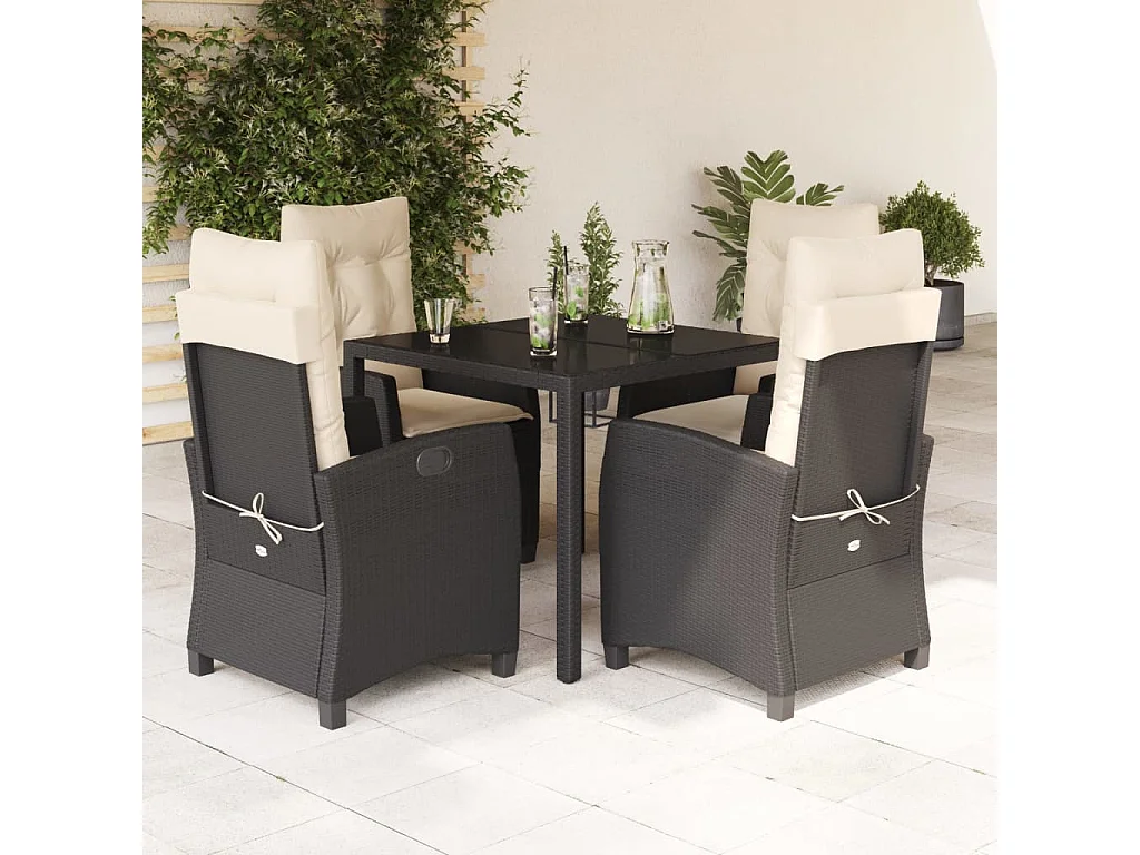 5 pcs conjunto de jantar p/ jardim c/ almofadões vime PE preto
