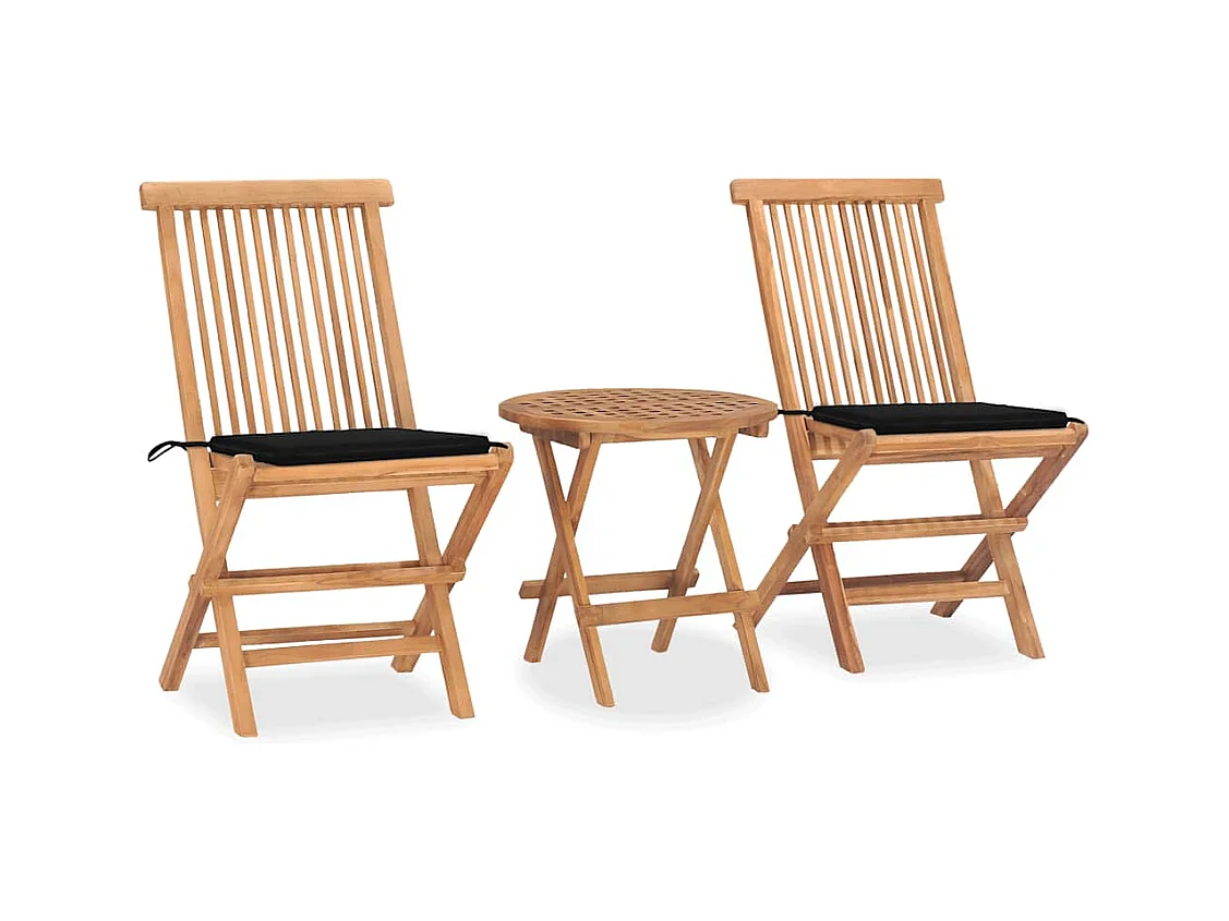 Set comedor de jardín plegable 3 piezas madera de teca cojines