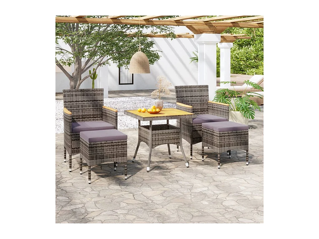 5-delige Tuinset poly rattan en massief acaciahout grijs