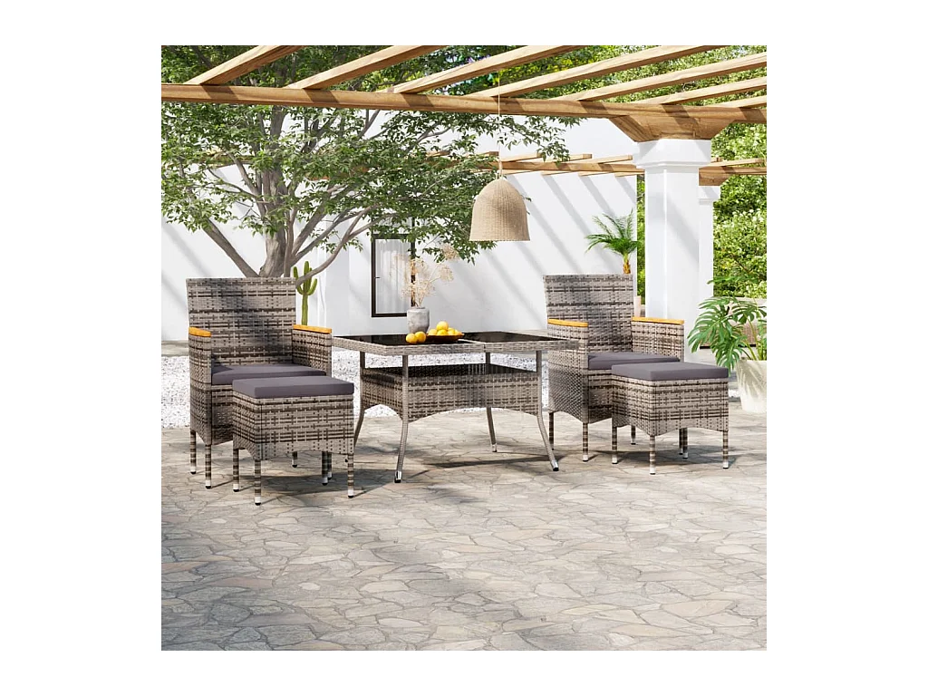 Set Pranzo da Giardino 5 pz Polyrattan e Vetro Temperato Grigio