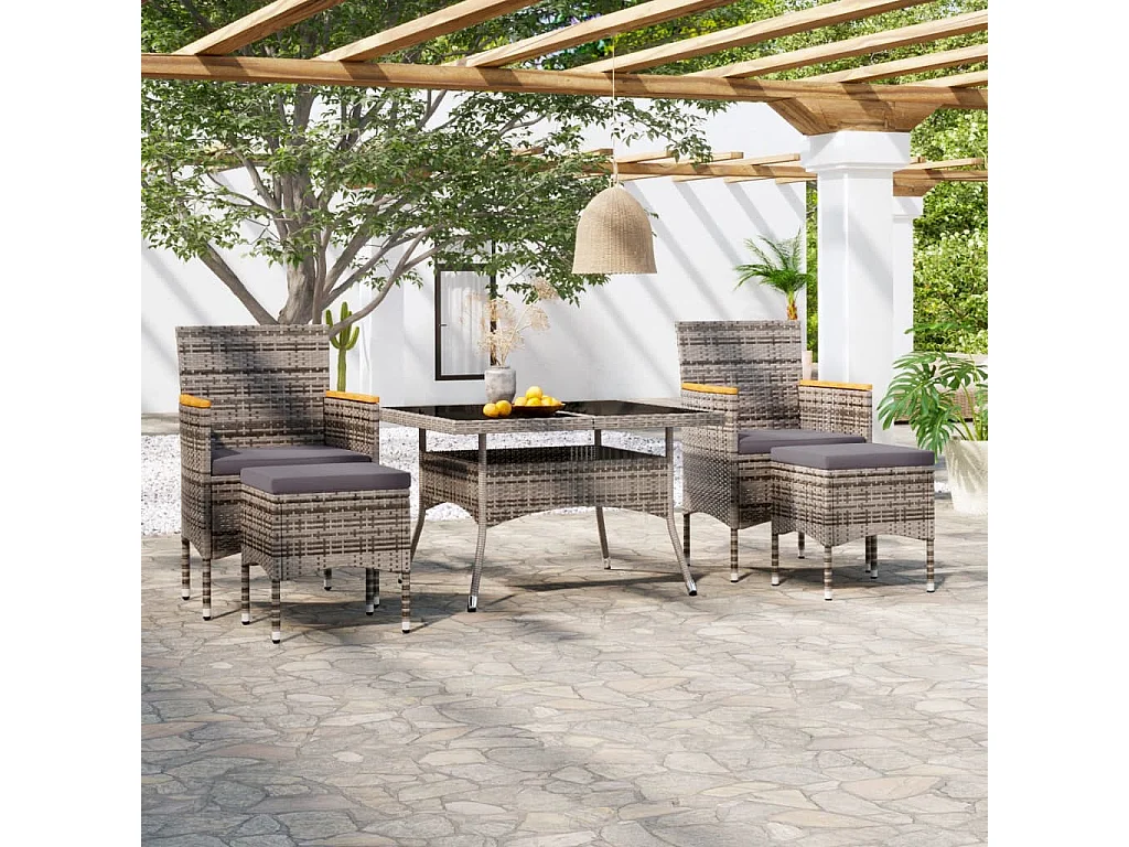 Ensemble à Manger jardin 5 pcs résine tressée verre trempé Gris