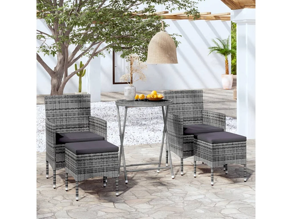 5-delige Bistroset poly rattan en gehard glas grijs