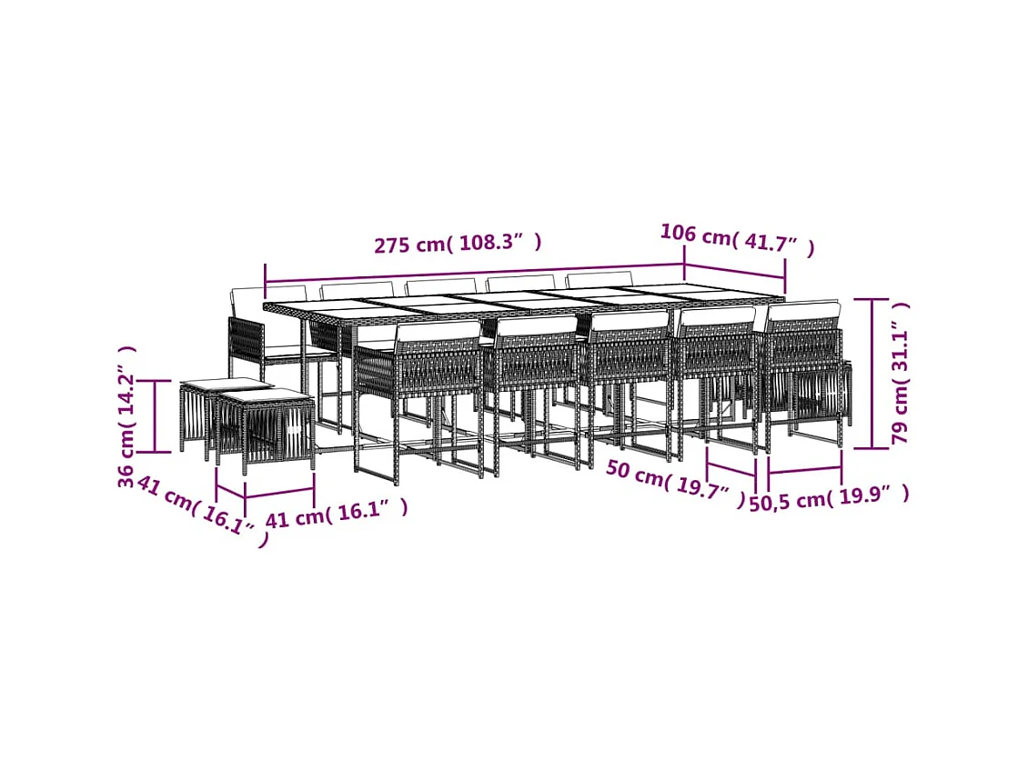 15 pcs conjunto de jantar p/ jardim com almofadões vime PE bege