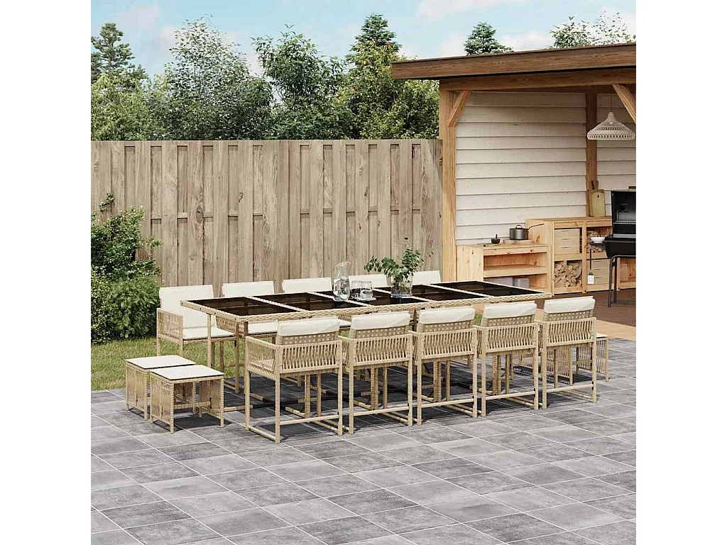 15-tlg. Garten-Essgruppe mit Kissen Beige Poly Rattan