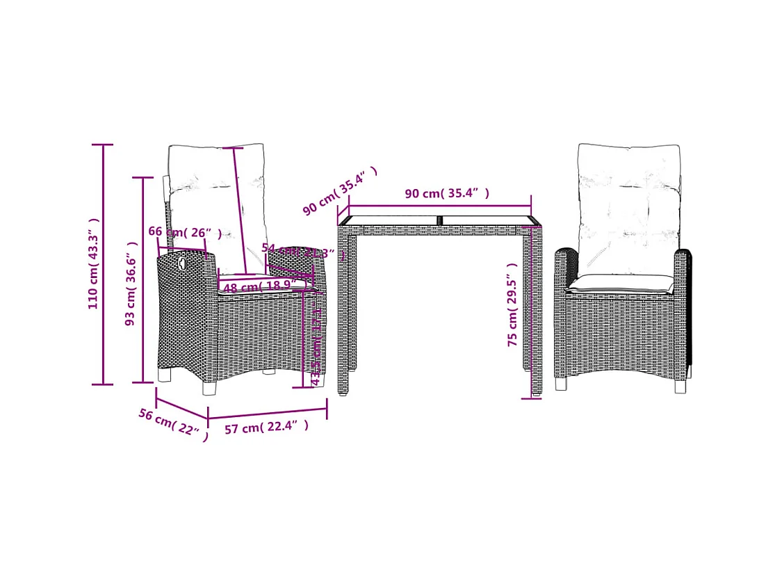 Ensemble à manger de jardin avec coussins 3 pcs Noir