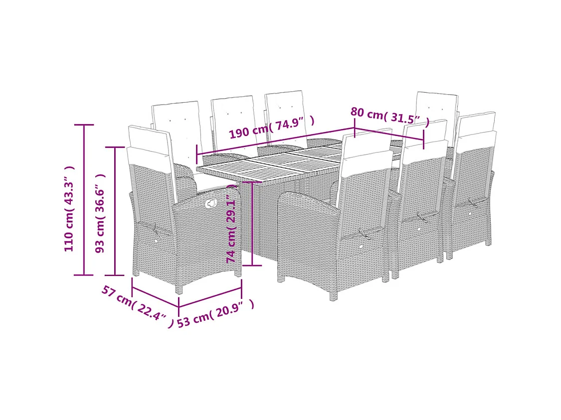 Ensemble à manger de jardin 9pcs coussins noir résine tressée