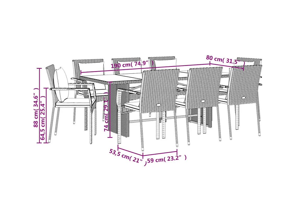 Ensemble à manger de jardin 9pcs coussins noir résine tressée