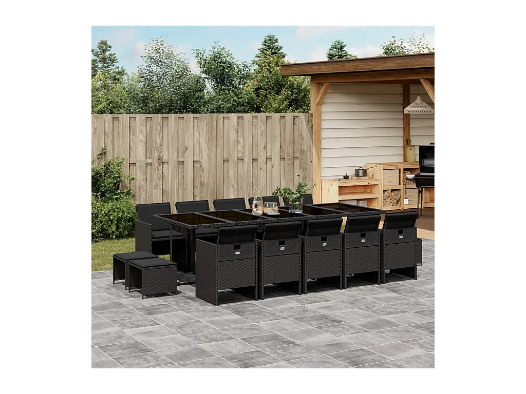 Ensemble à manger de jardin 15 pcs coussins noir résine tressée