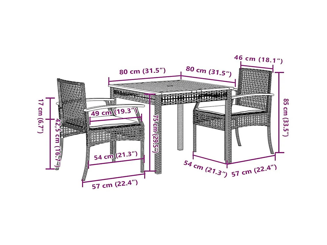 3-tlg. Garten-Essgruppe mit Kissen Beige Poly Rattan