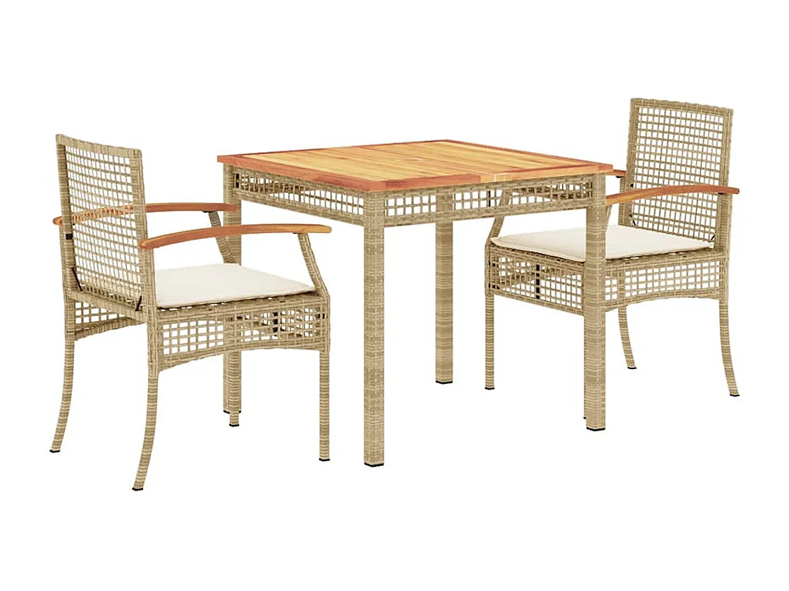 3-tlg. Garten-Essgruppe mit Kissen Beige Poly Rattan