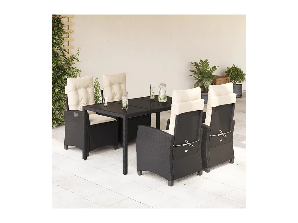 5-delige Tuinset met kussens poly rattan zwart