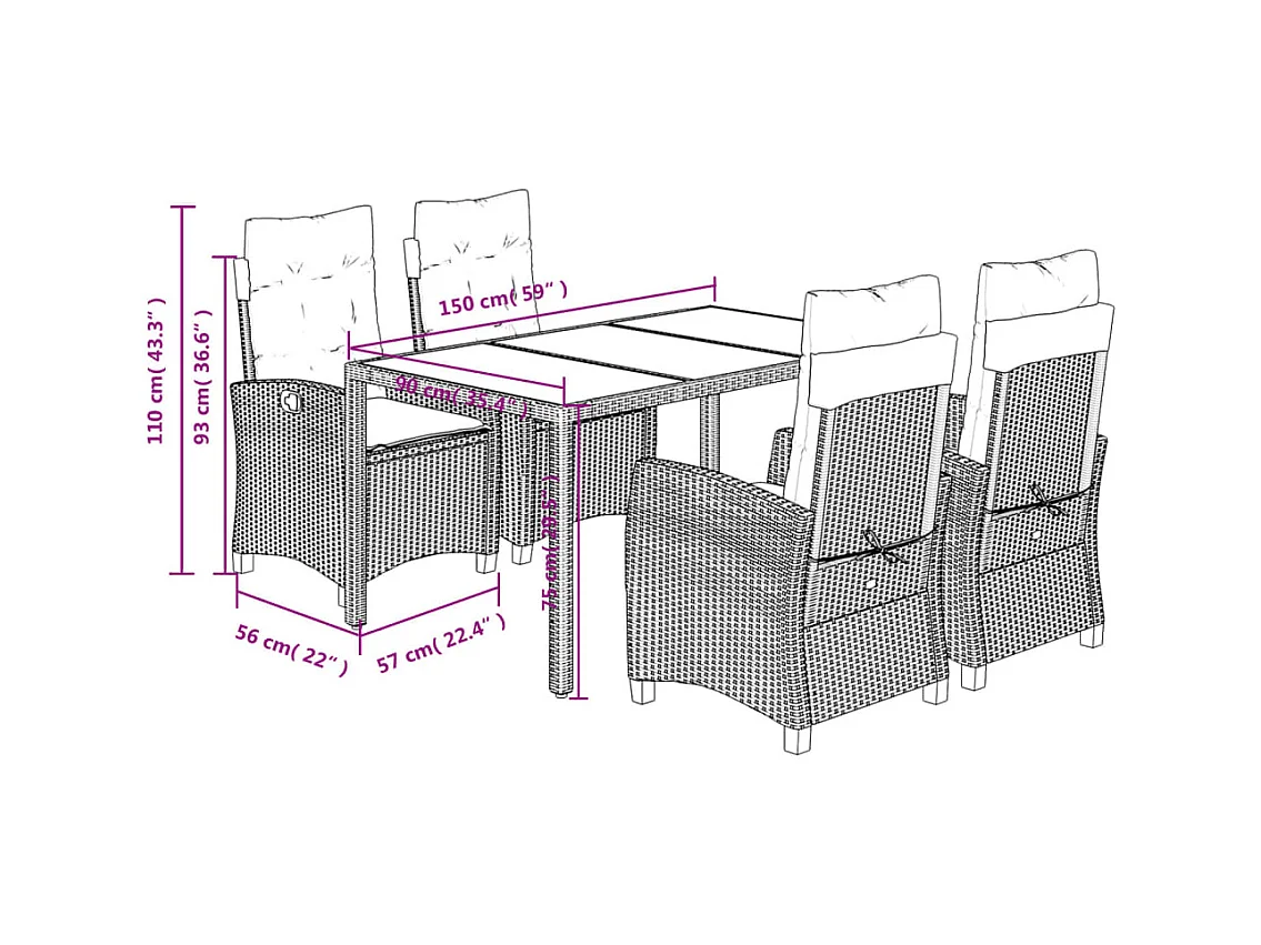5-delige Tuinset met kussens poly rattan zwart