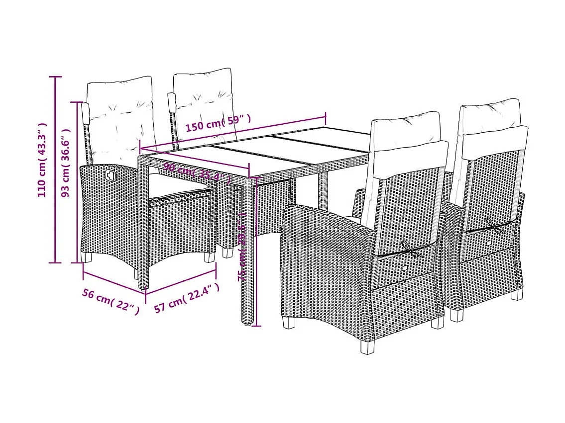 5-delige Tuinset met kussens poly rattan zwart