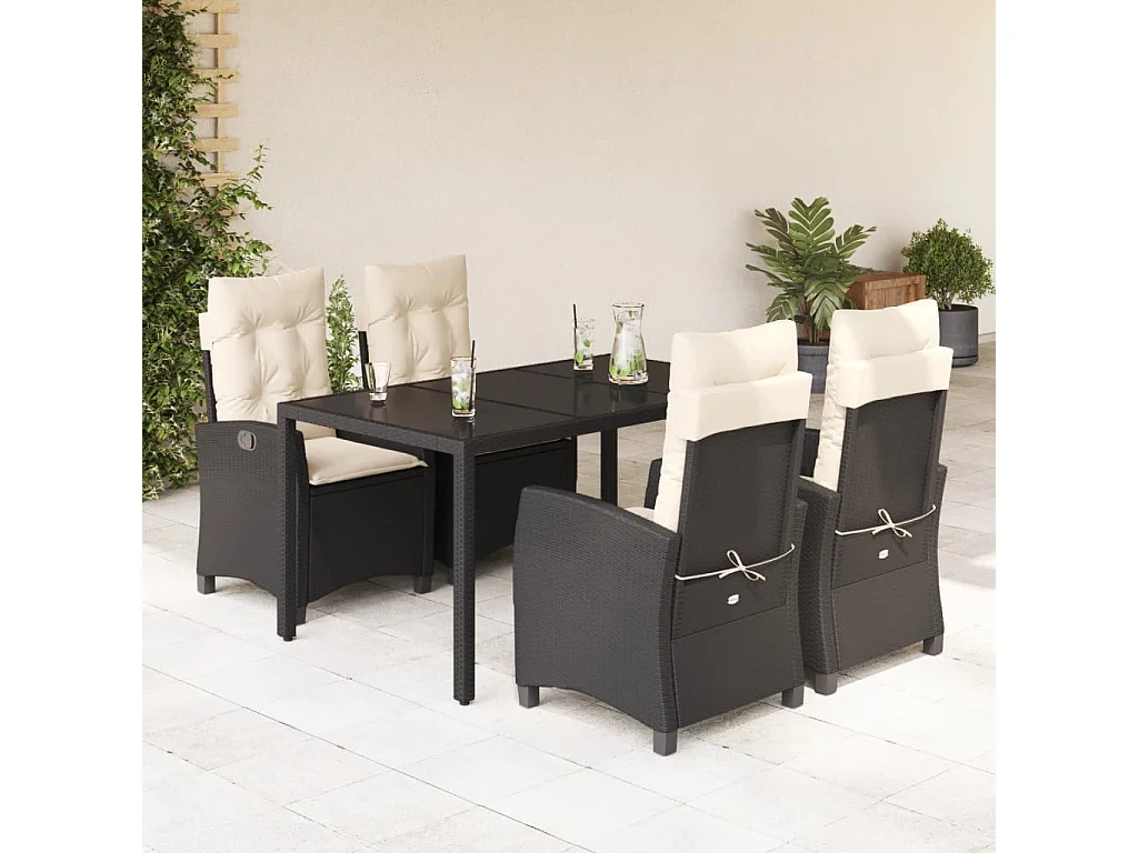 5-tlg. Garten-Essgruppe mit Kissen Schwarz Poly Rattan