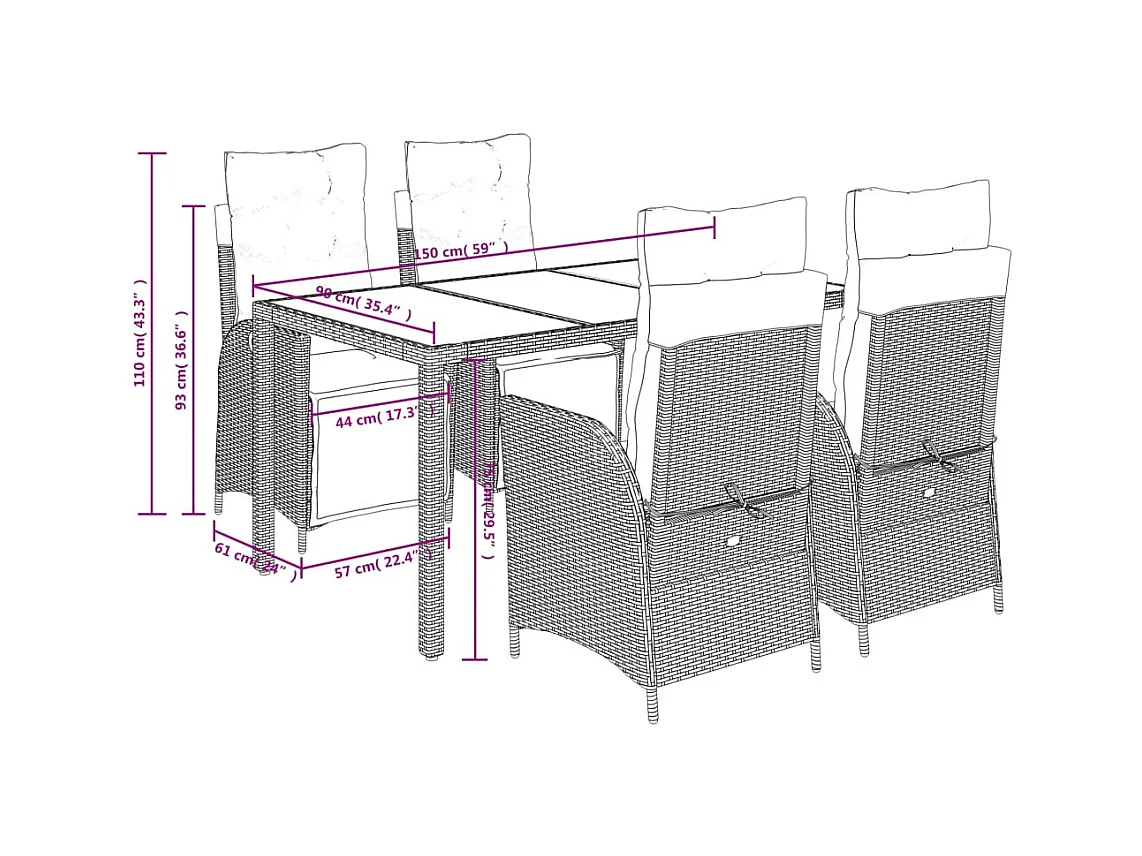 5-delige Tuinset met kussens poly rattan zwart