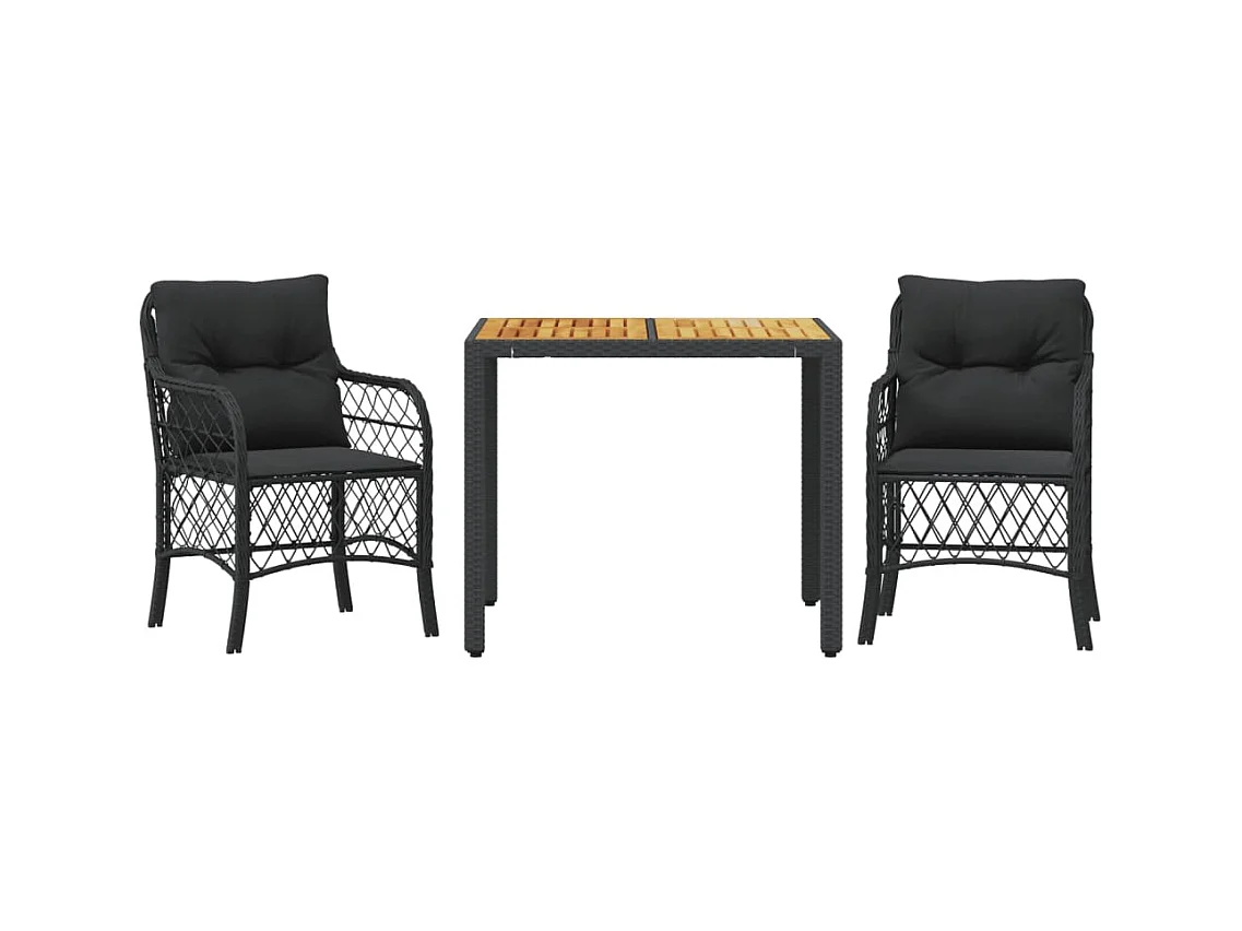 Ensemble de bistro 3 pcs avec coussins noir résine tressée