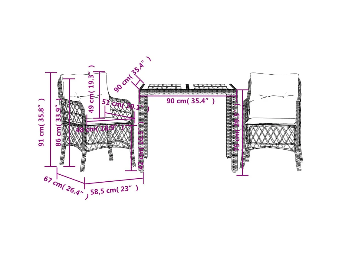 Ensemble de bistro 3 pcs avec coussins noir résine tressée
