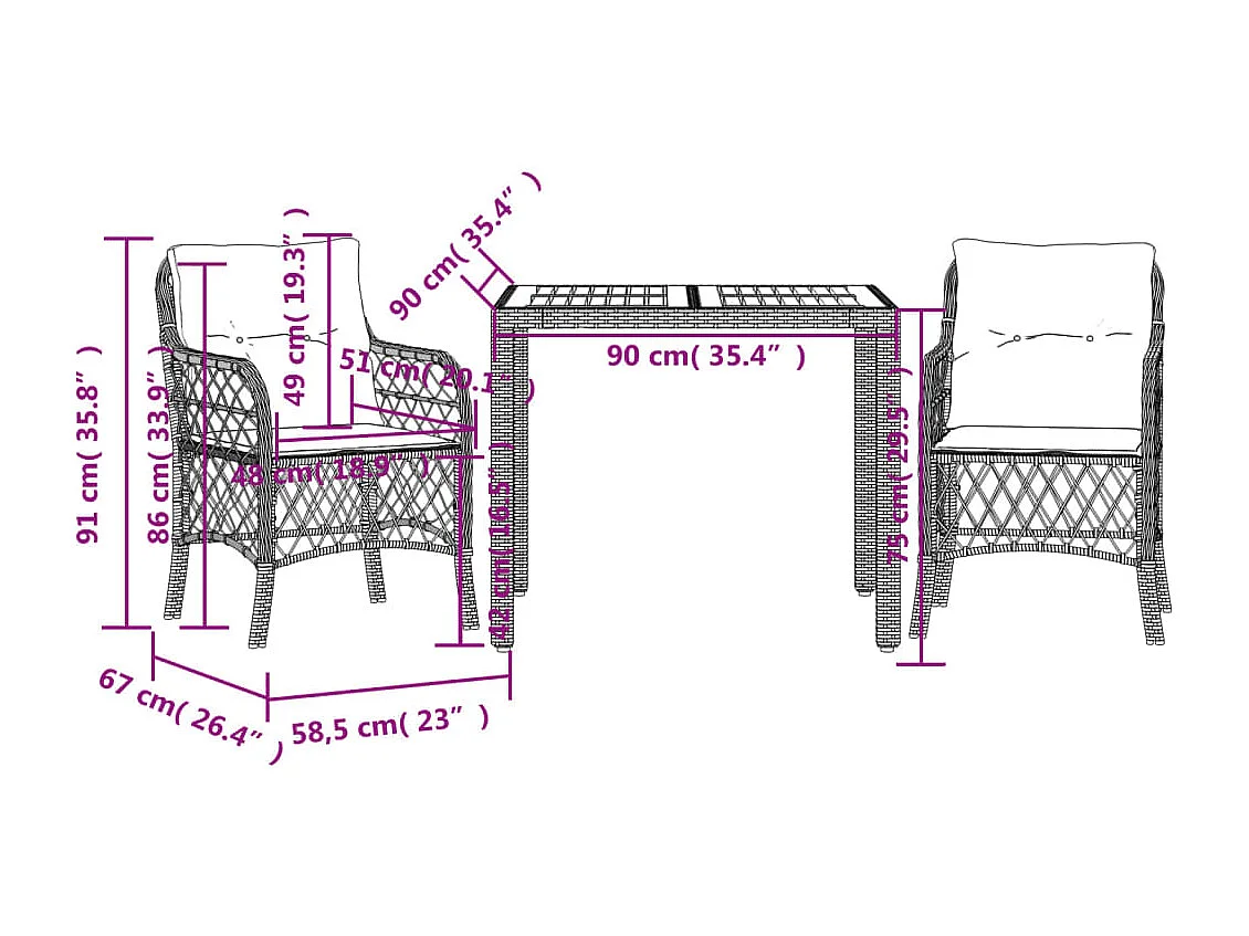 3-tlg. Bistro-Set mit Kissen Schwarz Poly Rattan