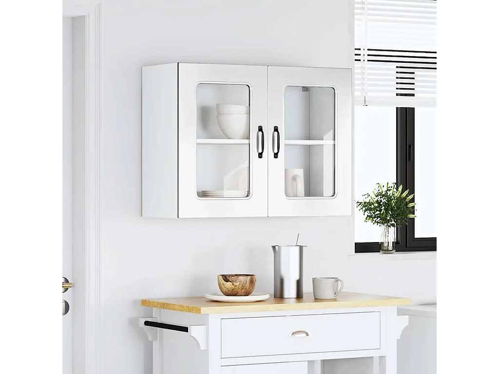 Armoire murale de cuisine avec porte vitrée "Kalmar" Bois d'ingénierie blanc brillant