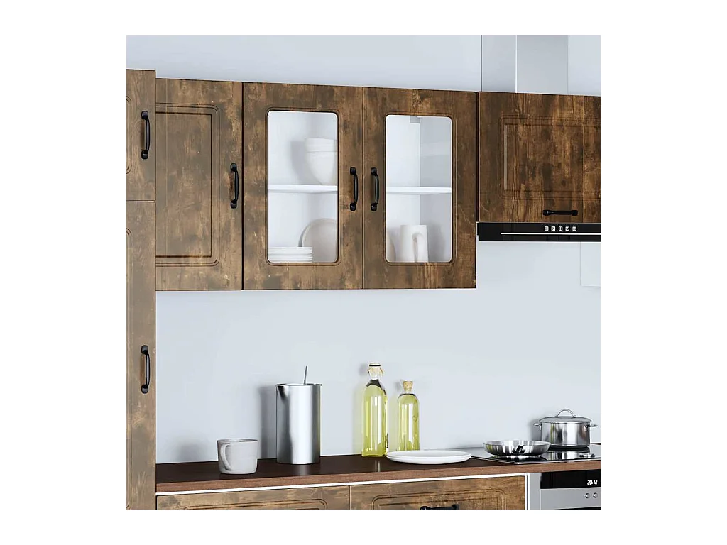 Armoire murale de cuisine avec porte vitrée "Kalmar" Chêne fumé Bois d'ingénierie