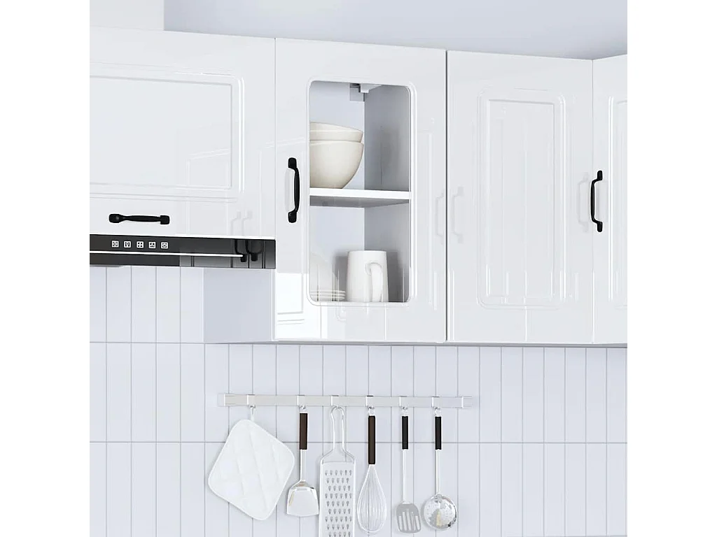 Armoire murale de cuisine avec porte vitrée "Kalmar" Bois d'ingénierie blanc brillant
