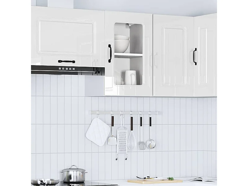 Armoire murale de cuisine avec porte vitrée "Kalmar" Bois d'ingénierie blanc brillant