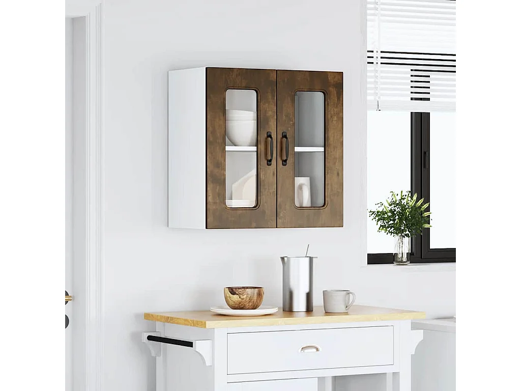 Armoire murale de cuisine avec porte vitrée "Kalmar" Chêne fumé Bois d'ingénierie