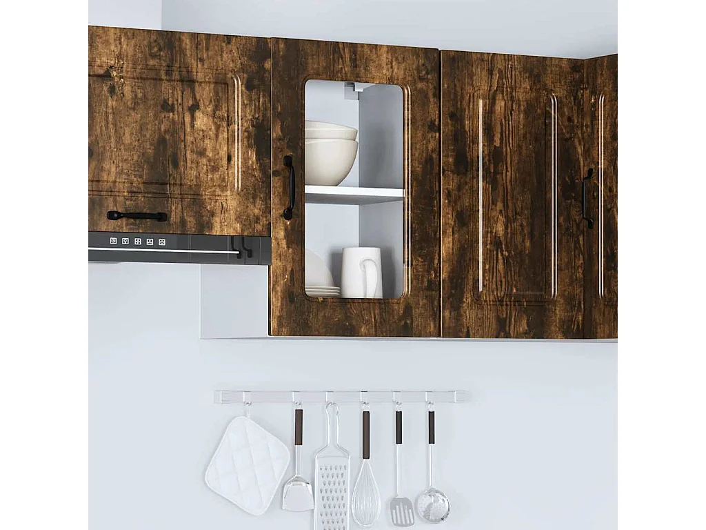 Armoire murale de cuisine avec porte vitrée "Kalmar" Chêne fumé Bois d'ingénierie
