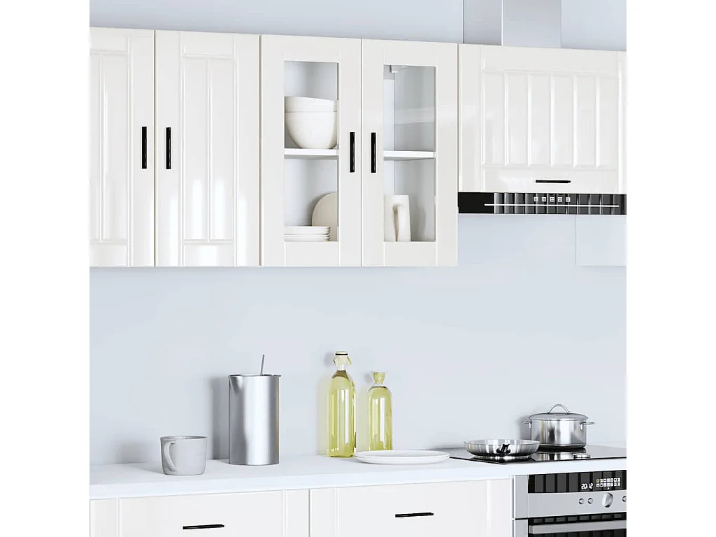 Armoire murale cuisine avec porte en verre Porto blanc brillant