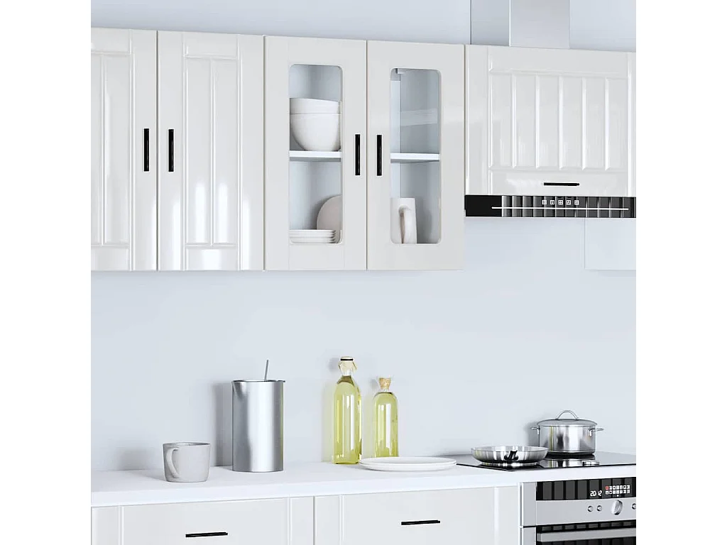 Armoire murale cuisine avec porte en verre Porto blanc brillant