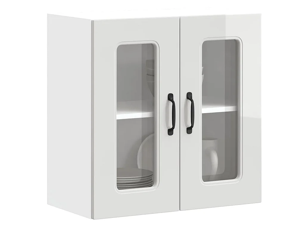 Armoire murale de cuisine avec porte vitrée "Kalmar" Bois d'ingénierie blanc brillant