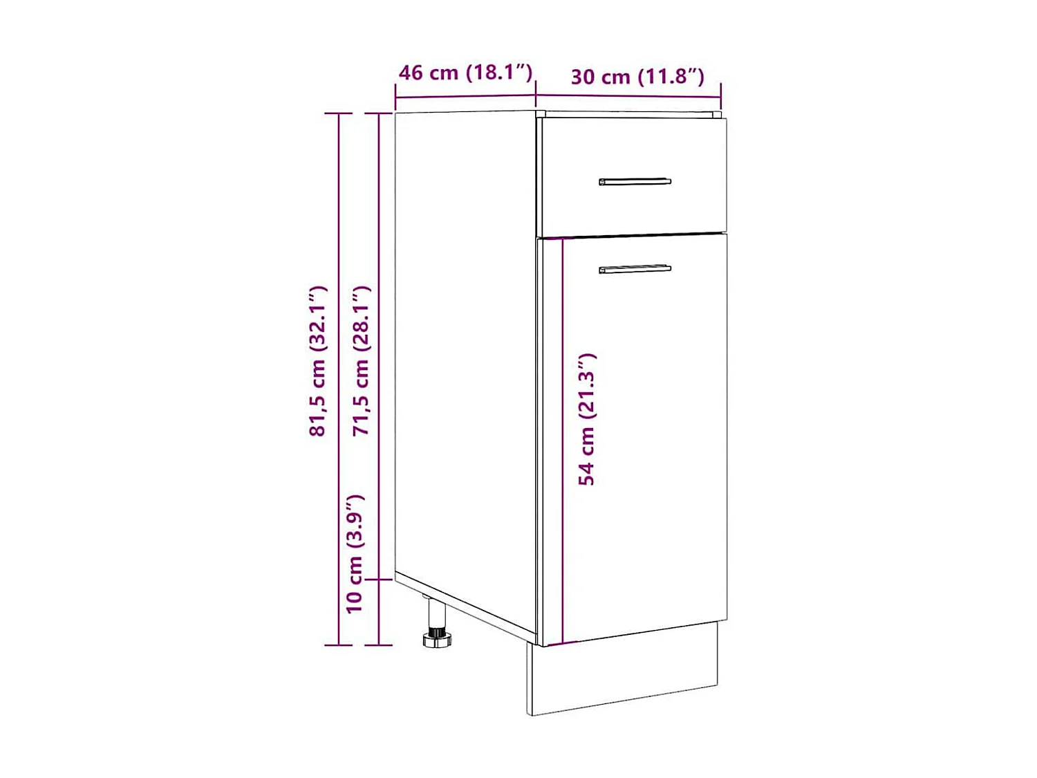 Mueble bajo con cajón "Lyon" de roble artesanal, 30 x 46 x 81,5 cm, madera de ingeniería,