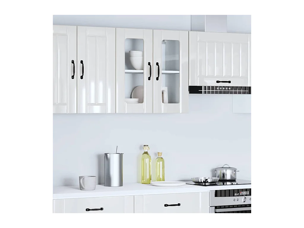 Armoire murale de cuisine avec porte vitrée "Lucca" Bois d'ingénierie blanc brillant