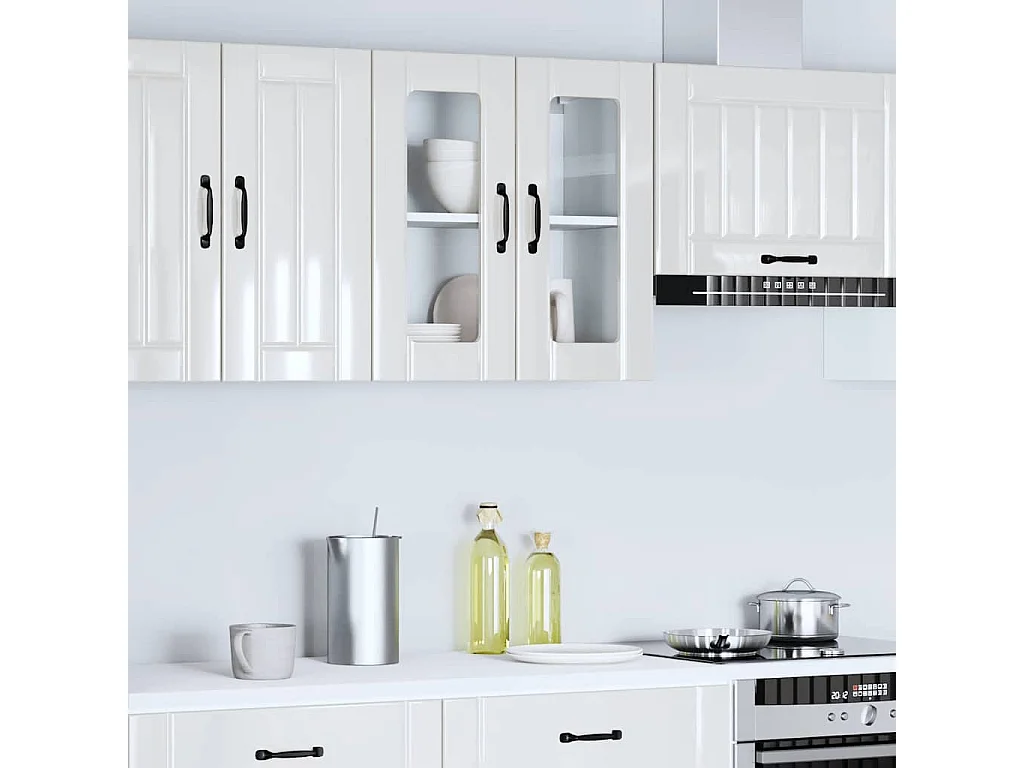 Armoire murale de cuisine avec porte vitrée "Lucca" Bois d'ingénierie blanc brillant