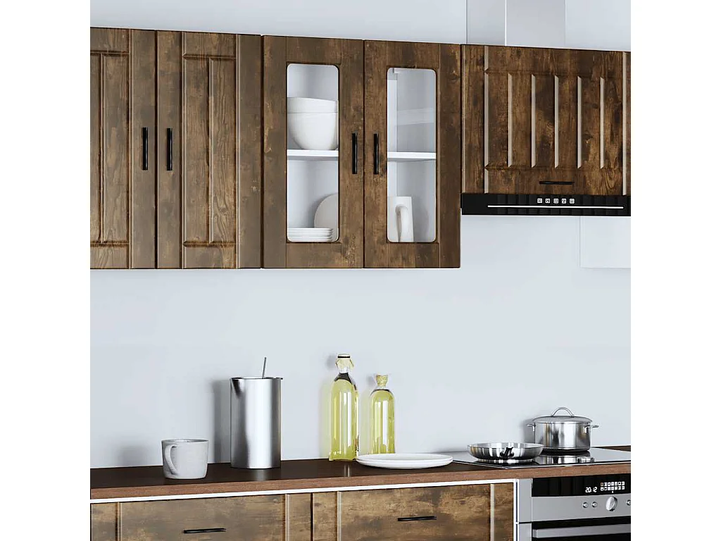 Armoire murale de cuisine avec porte en verre Porto chêne fumé