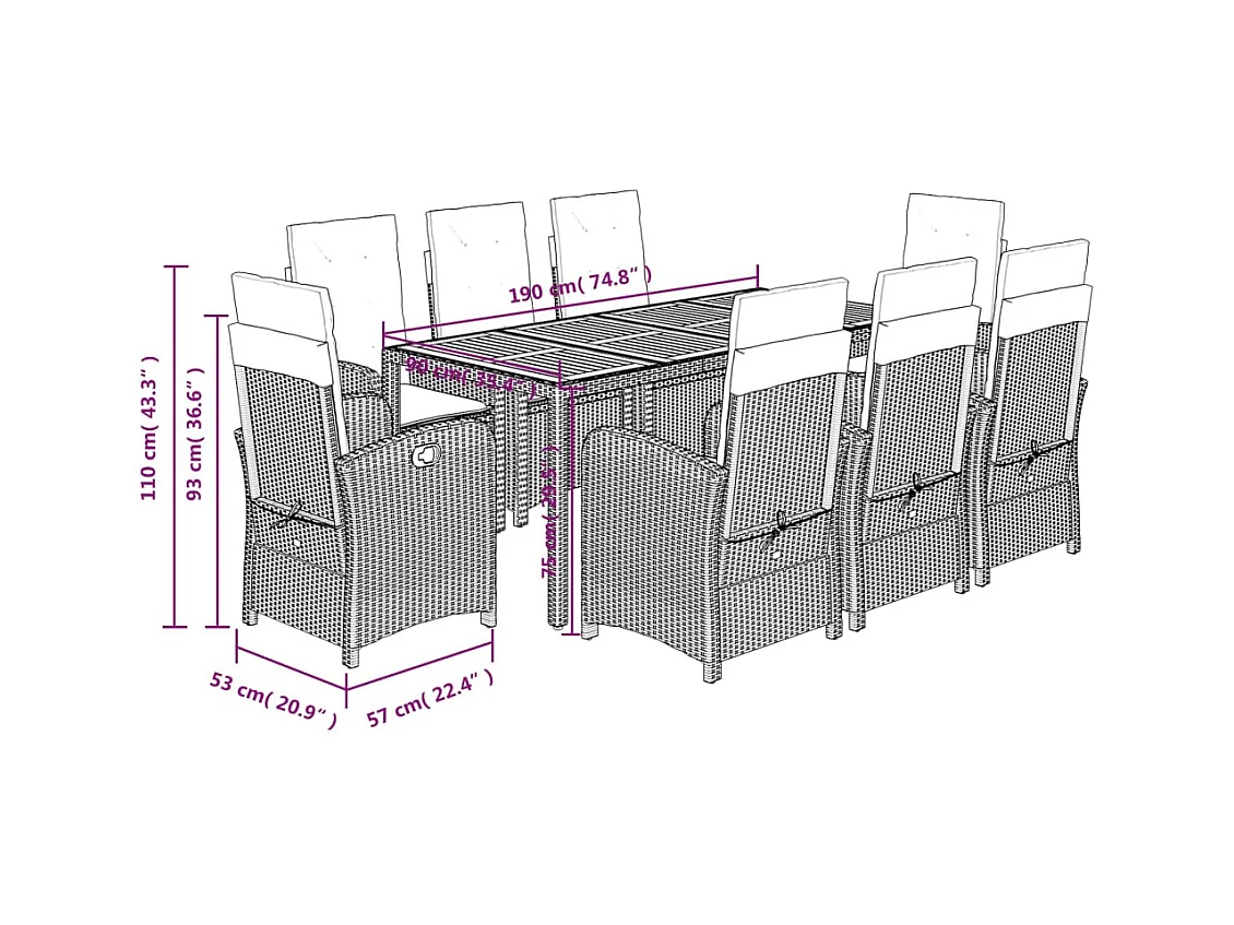 Ensemble à manger de jardin 9pcs coussins noir résine tressée