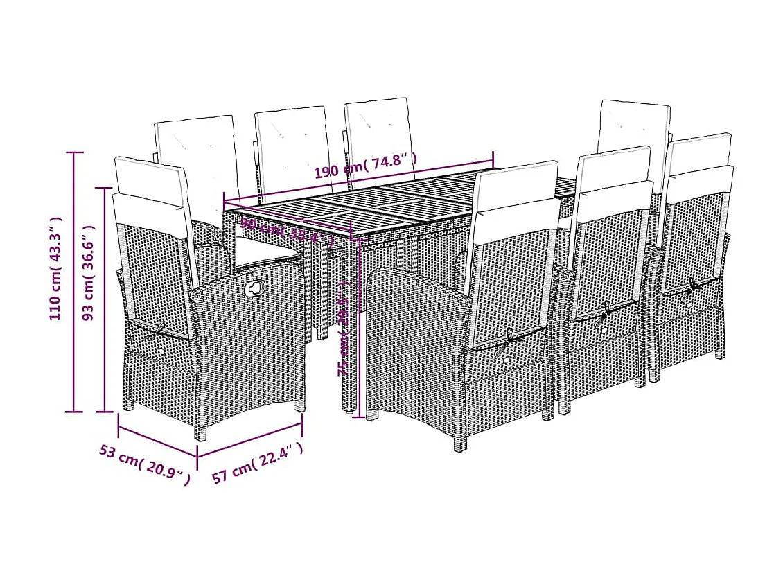 9-tlg. Garten-Essgruppe mit Kissen Schwarz Poly Rattan