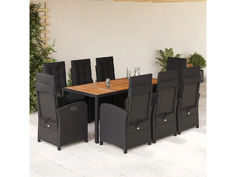 Set de comedor de jardín 9 pzas y cojines ratán sintético negro