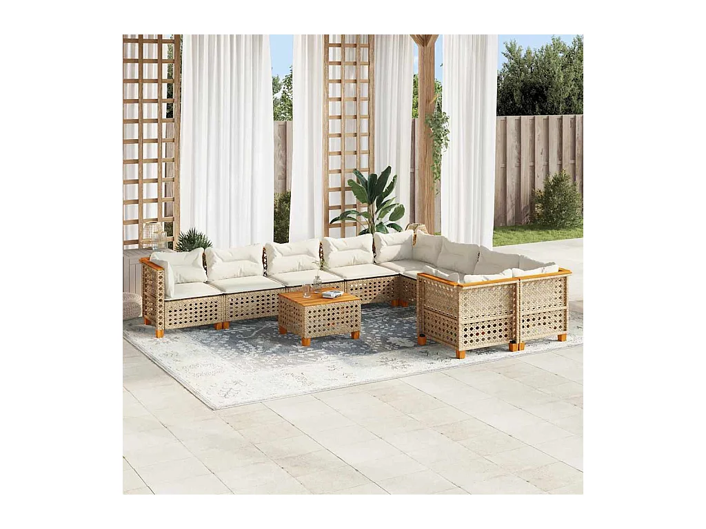 Salon de jardin avec coussins 10 pcs beige résine tressée