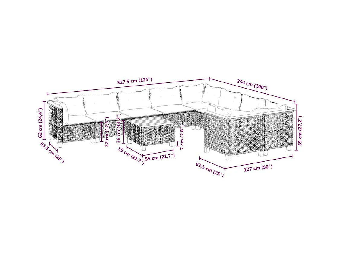Salon de jardin avec coussins 10 pcs beige résine tressée